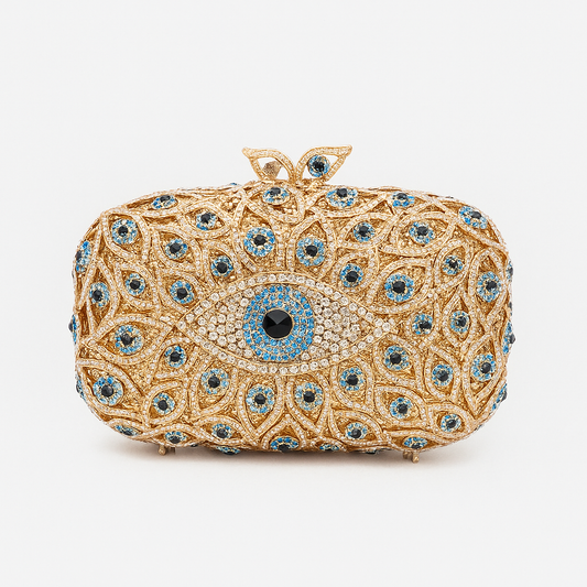DESINES | Evil Eye Crystal Clutch – Gold Glamour