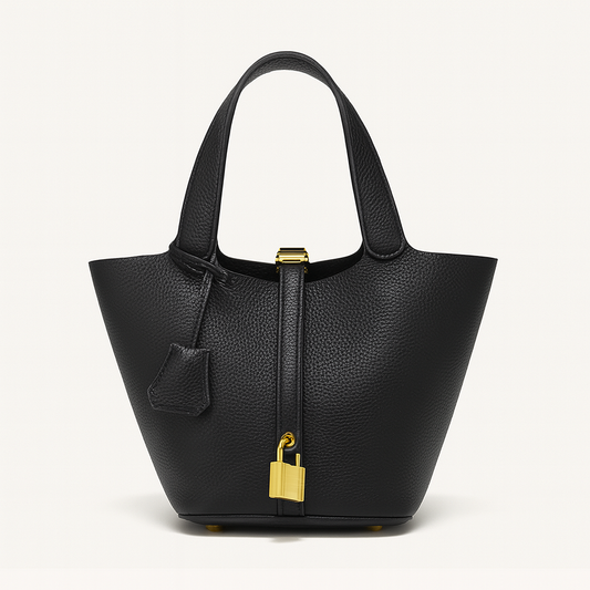 DESINES | Luxe Taupe Leather Bucket Bag – Timeless & Elegant